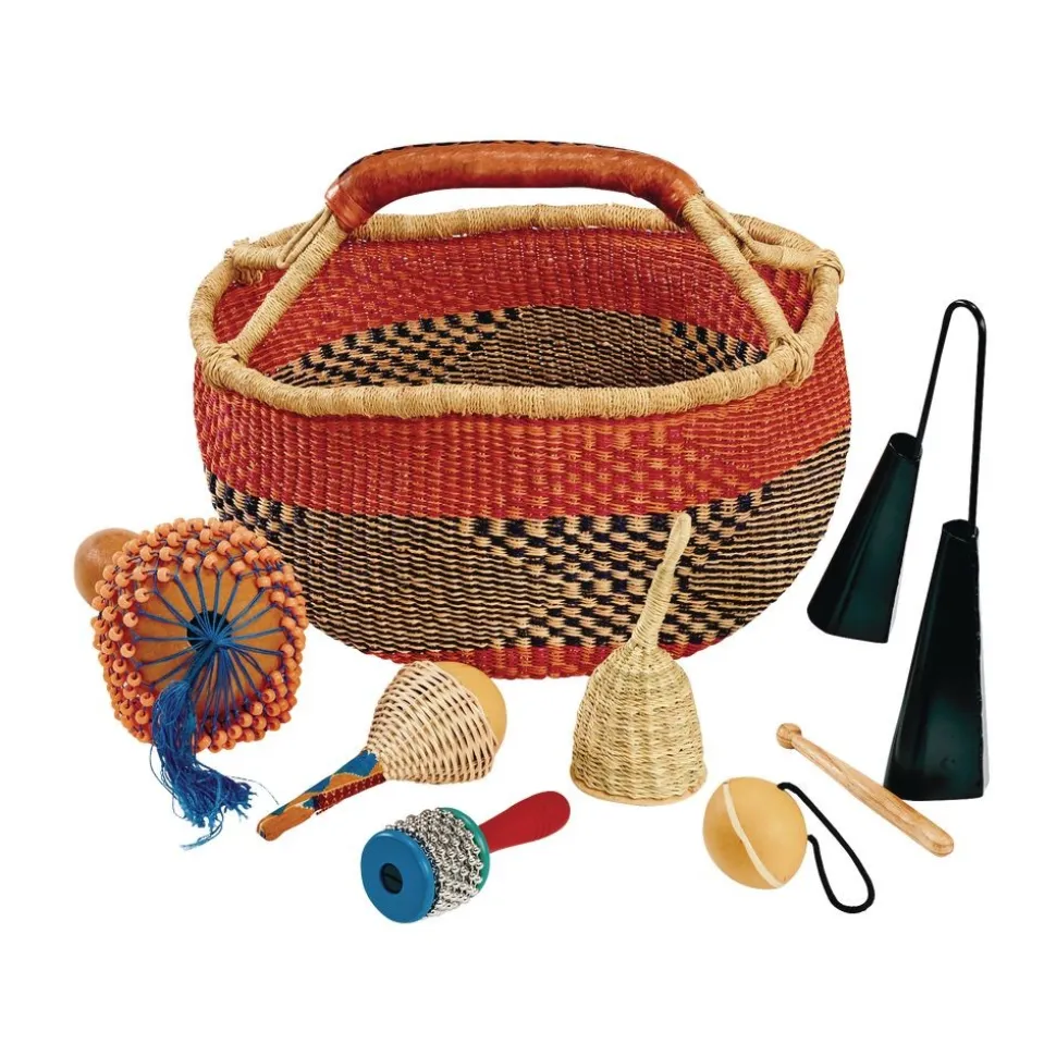 African Bolga Market Basket and Set of 6 African Music Instruments