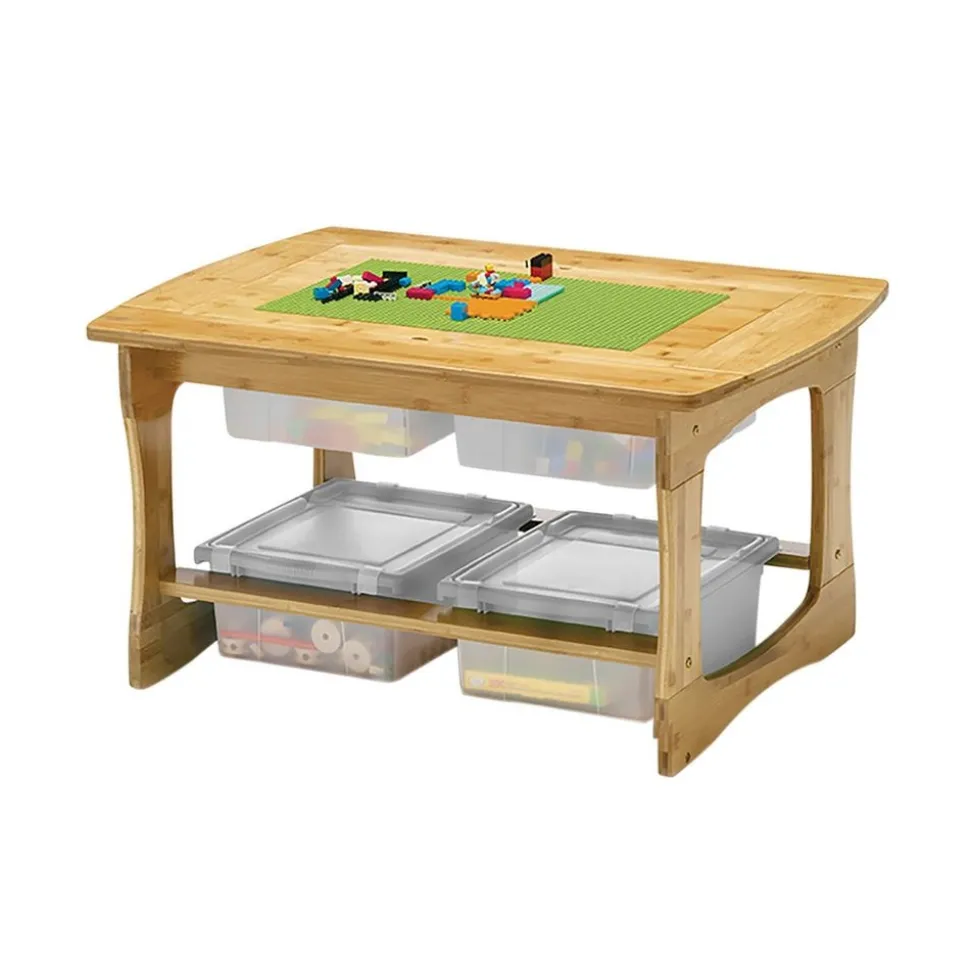 Bamboo Sensory and Construction Bricks Table with clear tubs
