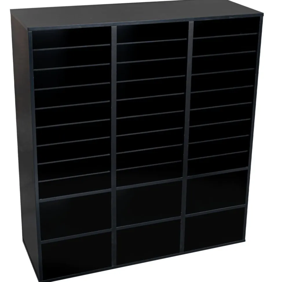 Black 27-Slot Mail And Supplies Center With 27 Trays, 6 Cubbies, And Baskets Grouping - 1 mail center, 27 trays, 6 baskets