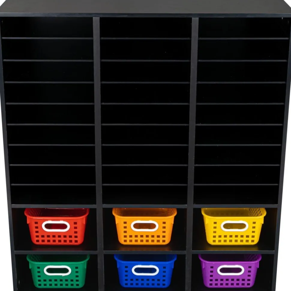 Black 27-Slot Mail And Supplies Center With 27 Trays, 6 Cubbies, And Baskets Grouping - 1 mail center, 27 trays, 6 baskets
