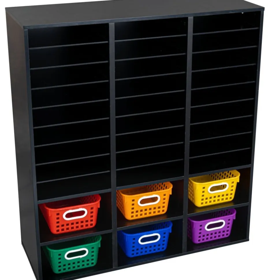 Black 27-Slot Mail And Supplies Center With 27 Trays, 6 Cubbies, And Baskets Grouping - 1 mail center, 27 trays, 6 baskets