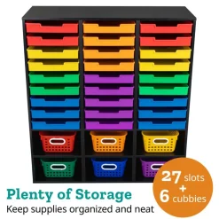 Black 27-Slot Mail And Supplies Center With 27 Trays, 6 Cubbies, And Baskets Grouping - 1 mail center, 27 trays, 6 baskets