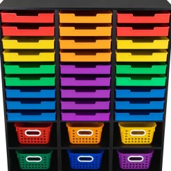 Black 27-Slot Mail And Supplies Center With 27 Trays, 6 Cubbies, And Baskets Grouping - 1 mail center, 27 trays, 6 baskets