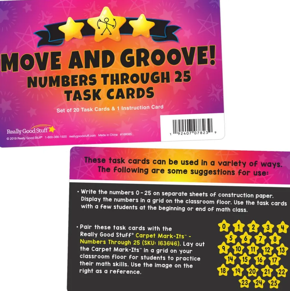 Carpet Mark-Its Move And Groove! Numbers Through 25 Task Cards Kit - 26 carpet spots, 20 task cards