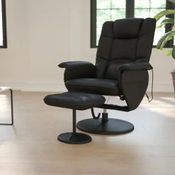Cason Massaging Adjustable Recliner with Deep Side Pockets and Ottoman with Wrapped Base in Black LeatherSoft