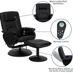Cason Massaging Adjustable Recliner with Deep Side Pockets and Ottoman with Wrapped Base in Black LeatherSoft