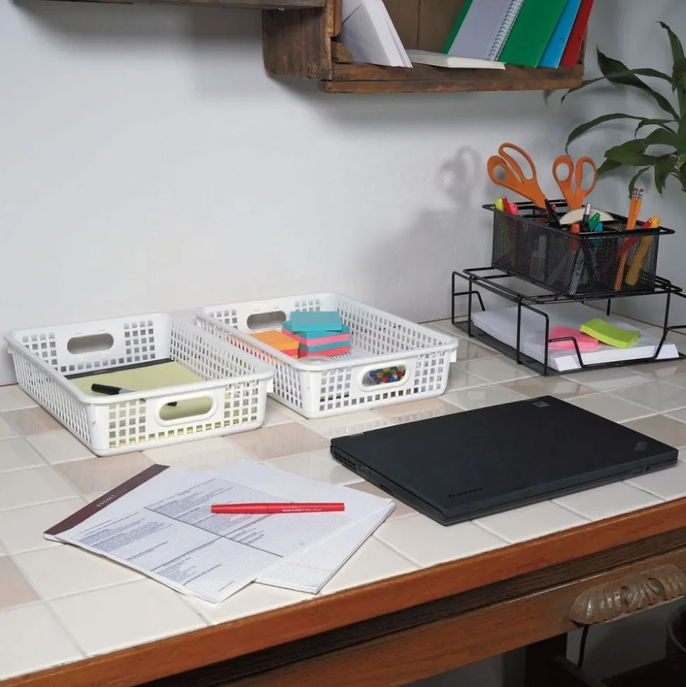 Classroom Paper Baskets with White Handles, Set of 4 - Neutral