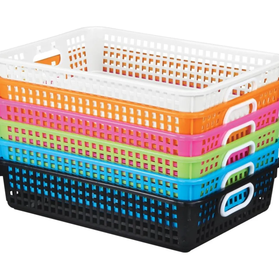 Classroom Paper Baskets with White Handles, Set of 6 - Neon Pop