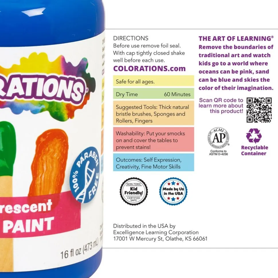 Colorations® Paraben-Free Fluorescent Gel Paints, Set of 7- 16oz each