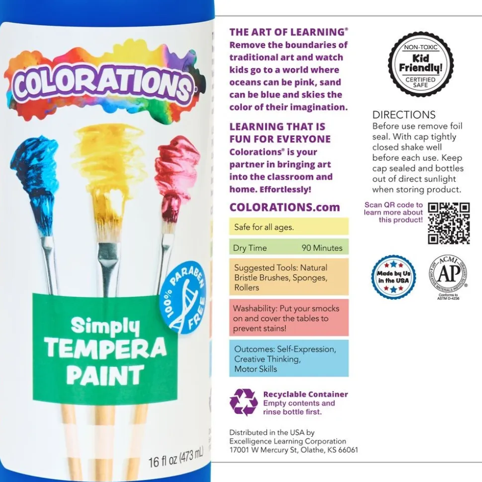 Colorations® Paraben-Free Simply Tempera Paint 16 oz. - Set of 6