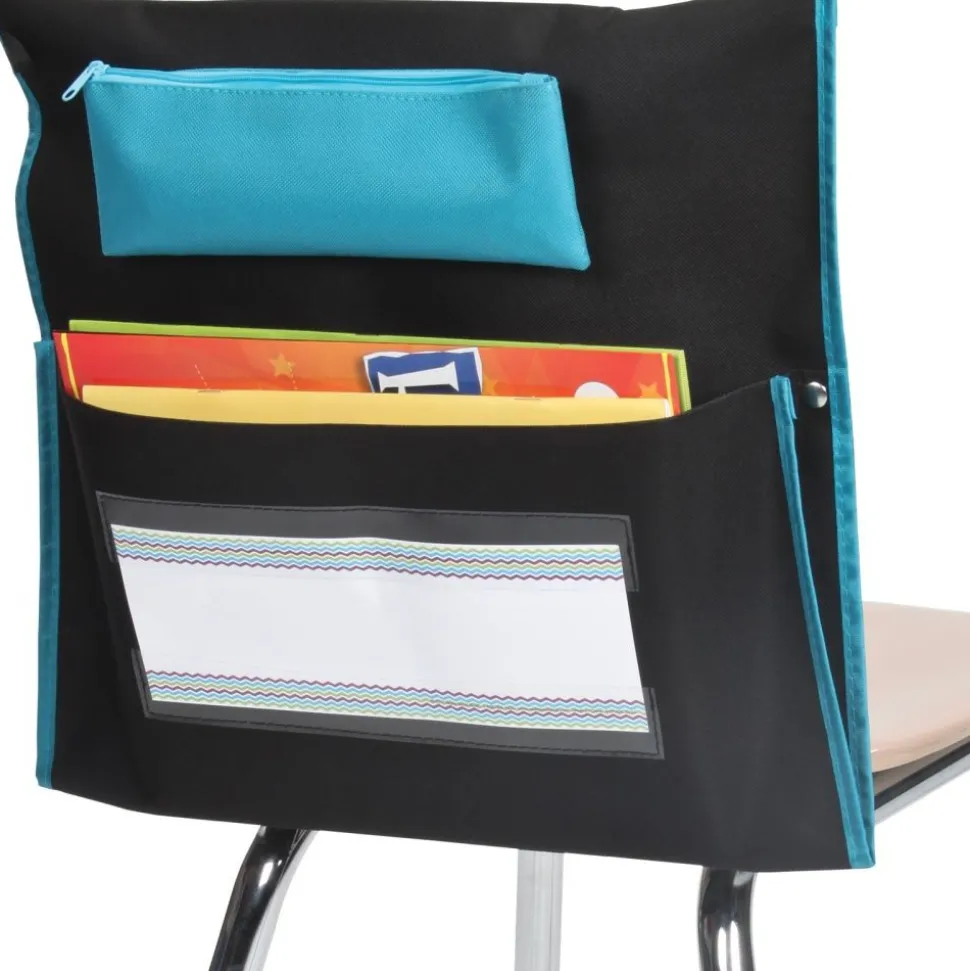Deluxe Chair Pockets with Pencil Case - 6 Pack - Black/Turquoise