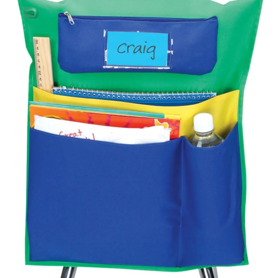 Deluxe Multi-Pocket Chair Pockets with Pencil Case and Water Bottle Holder - 150 Pack - Green/Blue