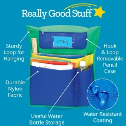 Deluxe Multi-Pocket Chair Pockets with Pencil Case and Water Bottle Holder - 150 Pack - Green/Blue