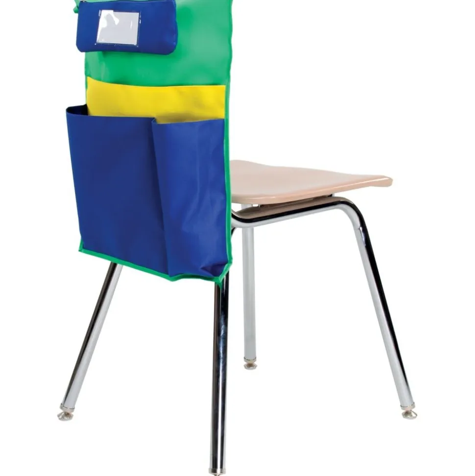Deluxe Multi-Pocket Chair Pockets with Pencil Case and Water Bottle Holder - 150 Pack - Green/Blue