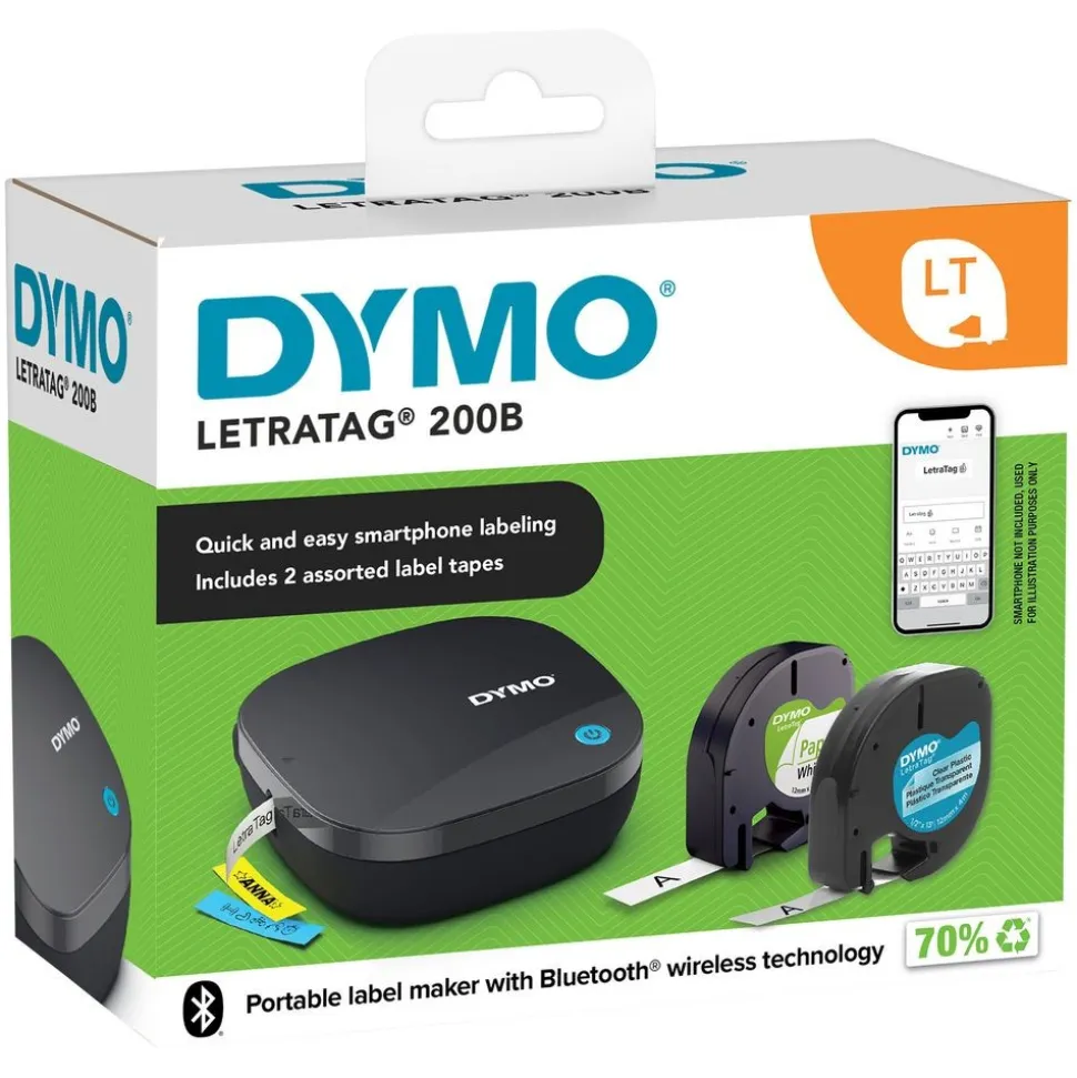 DYMO LetraTag® 200B Bluetooth Label Maker, Compact Label Printer, Connects Through Bluetooth Wireless Technology to iOS and Android, Includes 2 Assorted Label Tapes
