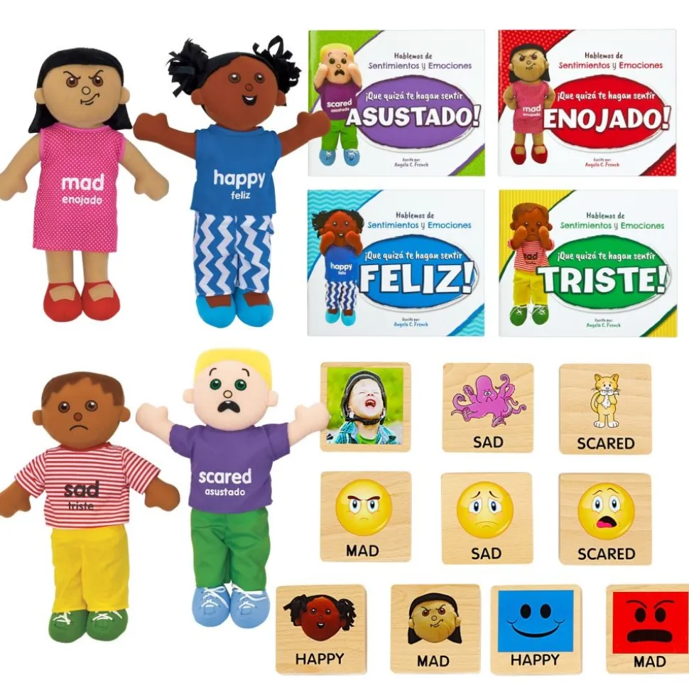 Excellerations® Emotions Spanish Books, Dolls and Blocks Kit 1 - 4 books 4 dolls 16 blocks