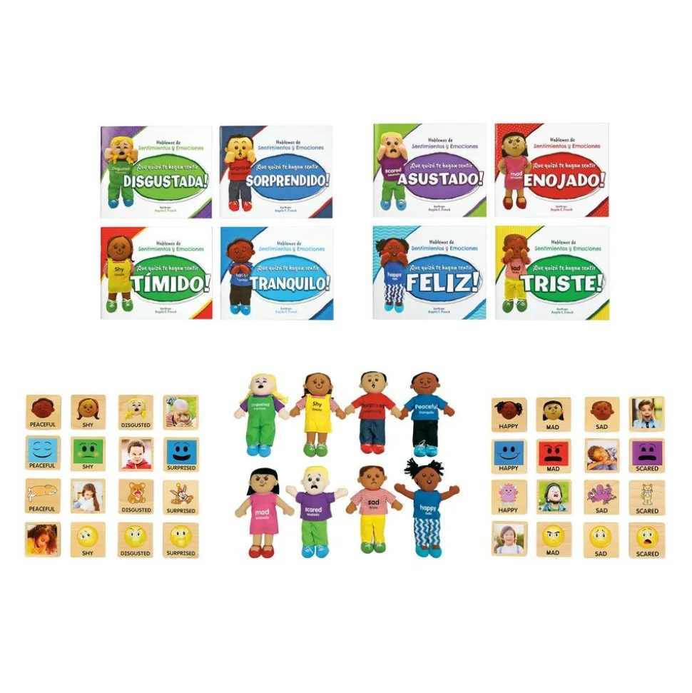 Excellerations® Emotions Spanish Books, Dolls, and Blocks Mega Kit - 8 books 8 dolls 32 blocks