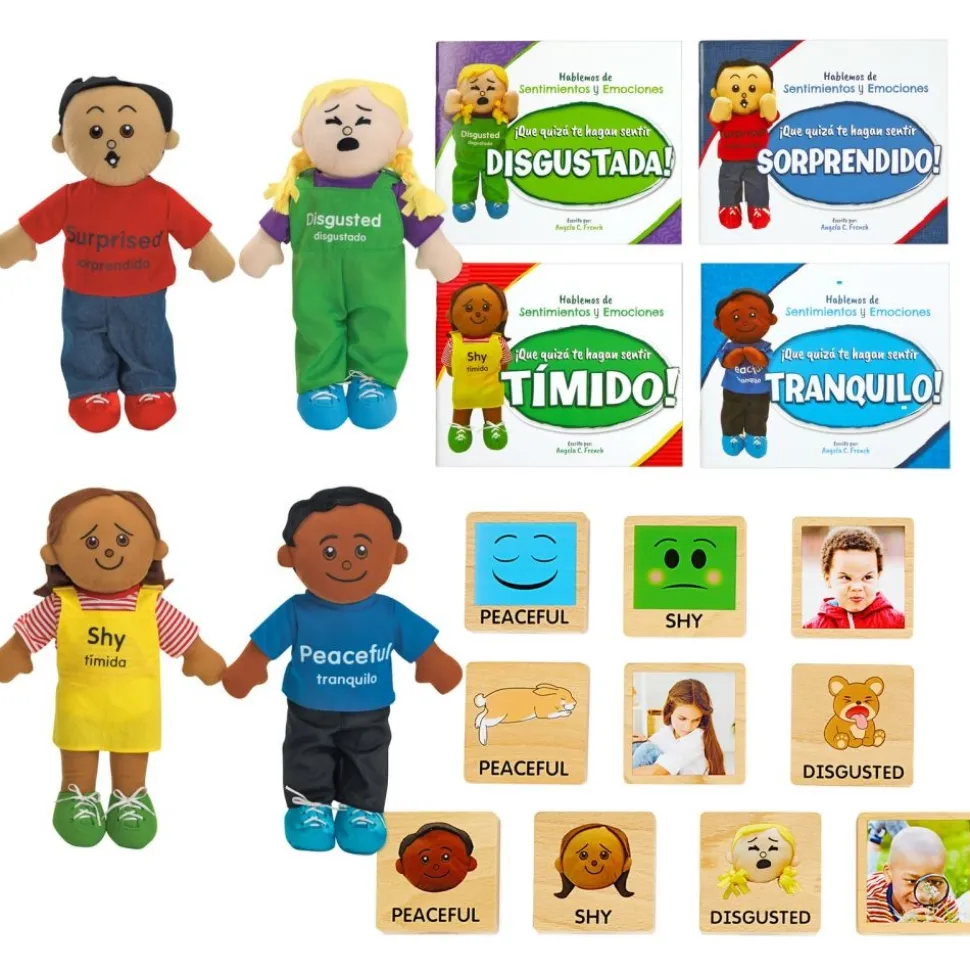 Excellerations® Emotions Spanish Books, Dolls and Blocks Kit 2 - 4 books 4 dolls 16 blocks