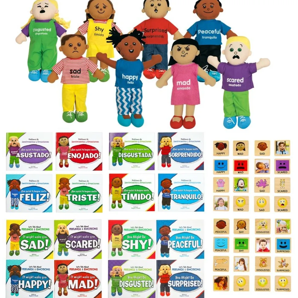 Excellerations® English & Spanish Emotions Books, Dolls, and Blocks Mega Kit - 16 books 8 dolls 32 blocks