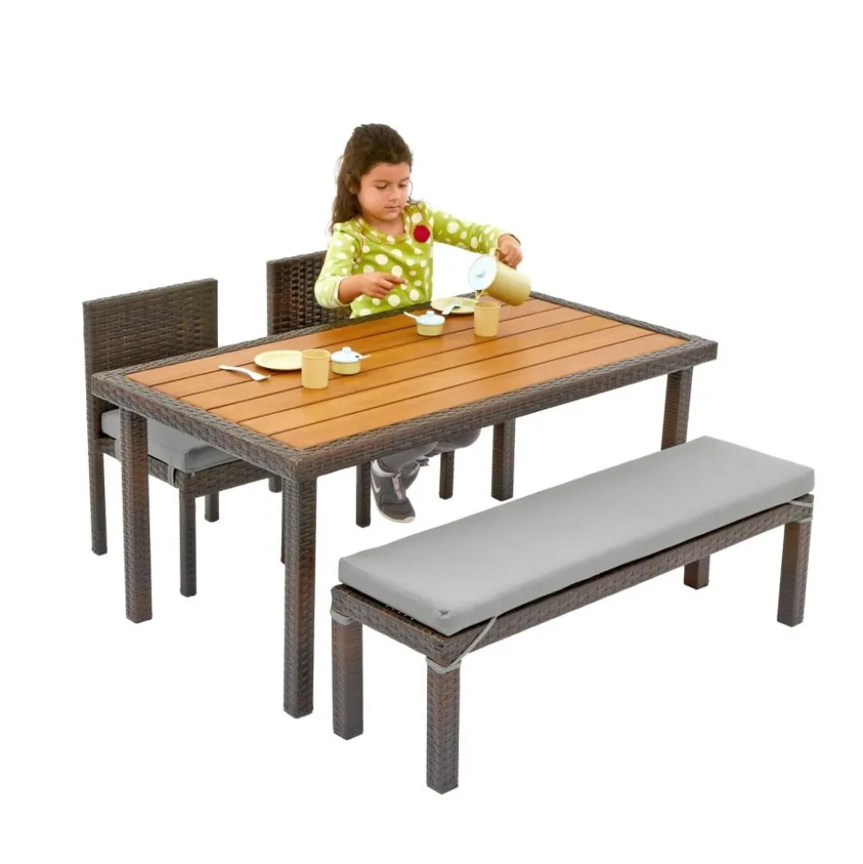 Excellerations® Outdoor Wicker Dining Set, 4-Piece Set with Table, Bench, and 2 Chairs (Preschool Height)