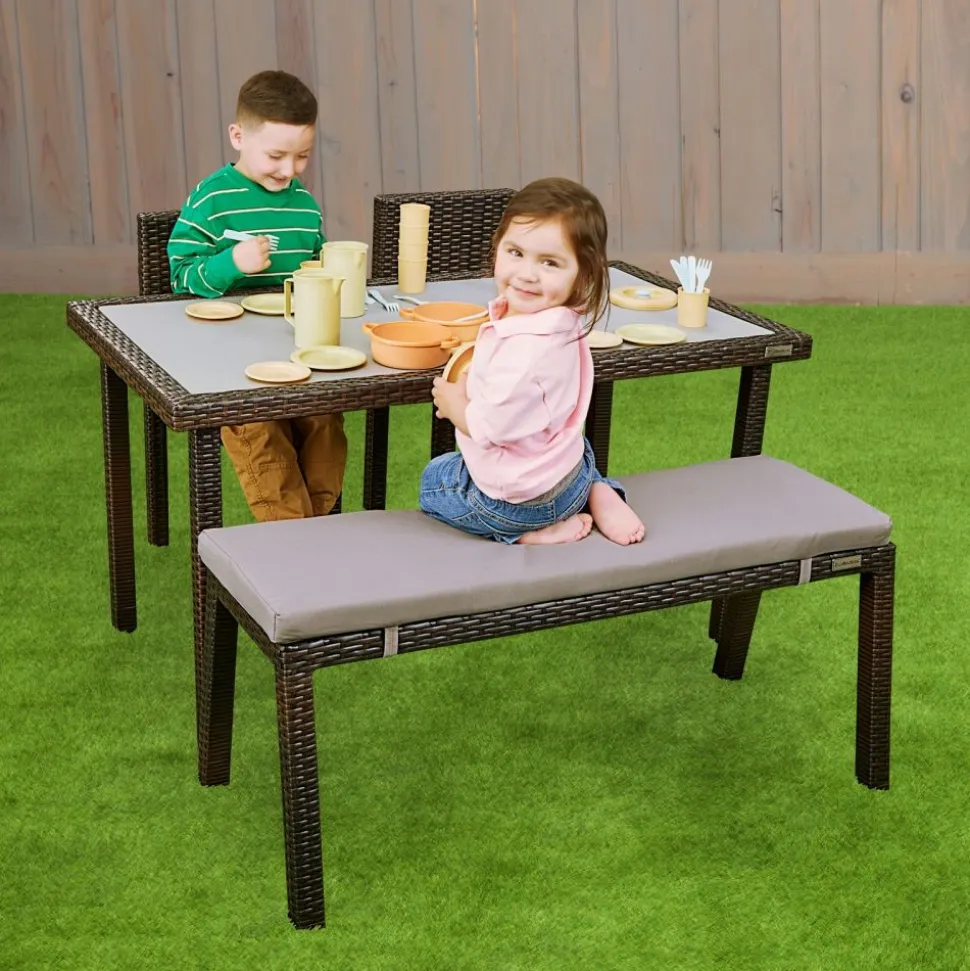 Excellerations® Outdoor Wicker Set - Table, Bench, & 2 Chairs 26" (School Age Height)