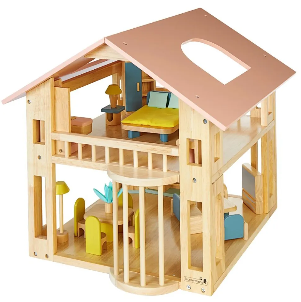 Excellerations® Wooden Deluxe Dollhouse - 28 Pieces - Natural