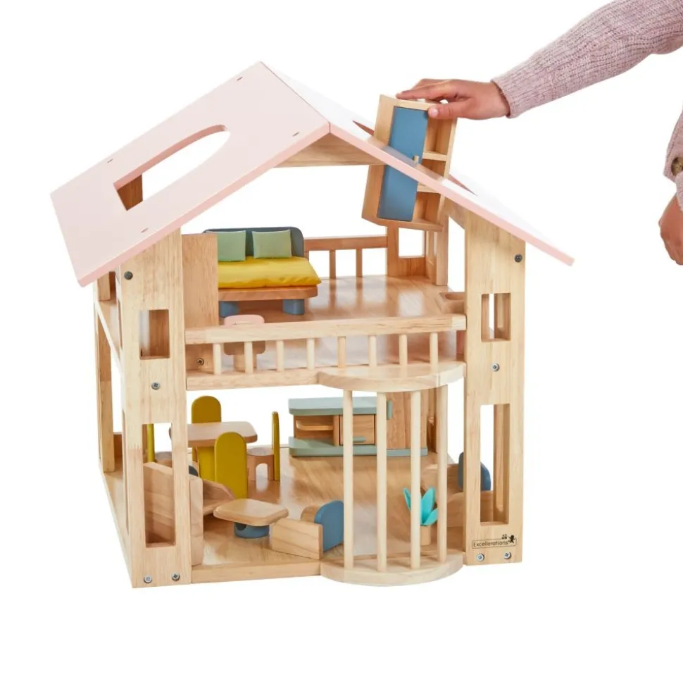 Excellerations® Wooden Deluxe Dollhouse - 28 Pieces - Natural