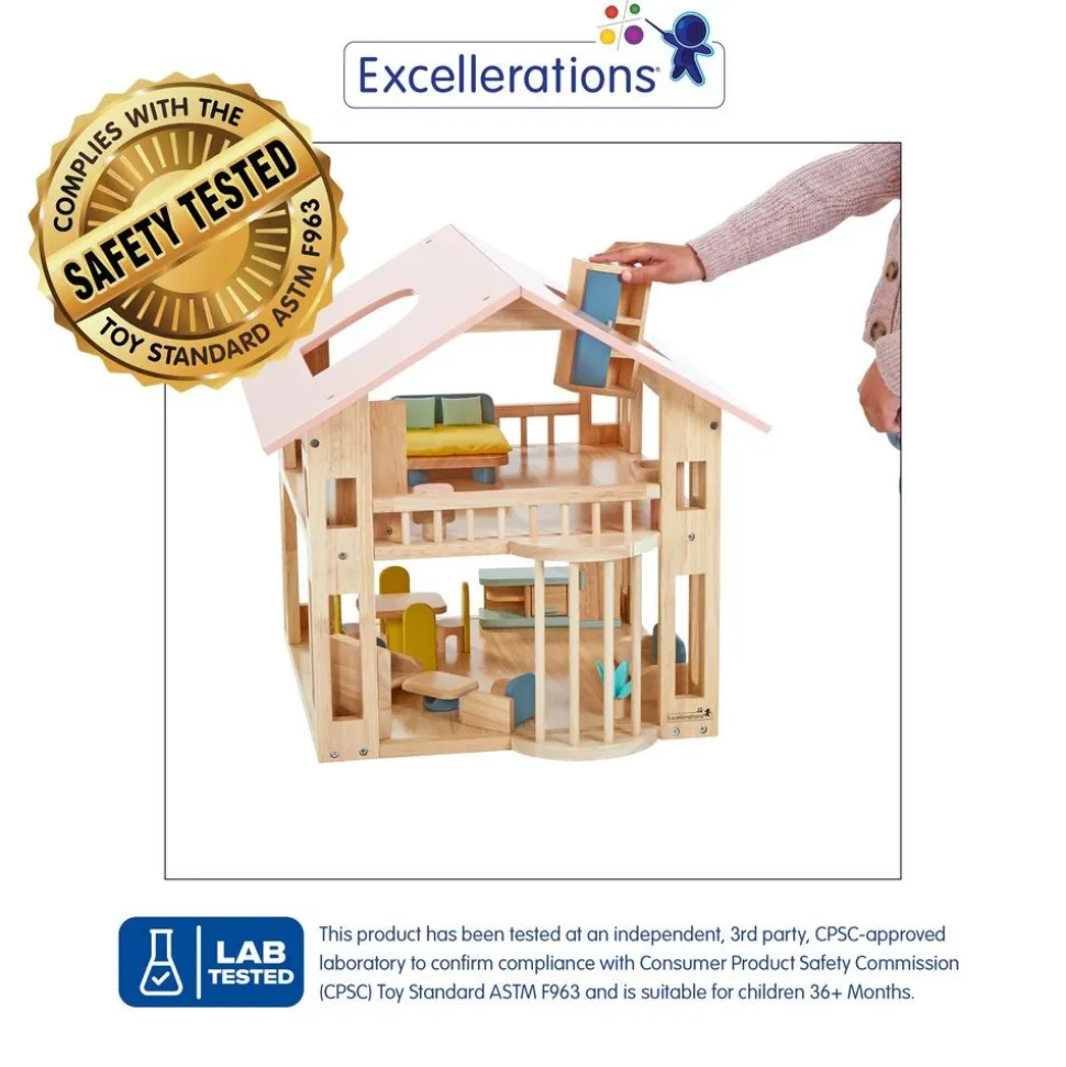 Excellerations® Wooden Deluxe Dollhouse - 28 Pieces - Natural