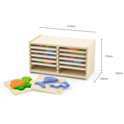 Handy Wooden Block Puzzles - 12 Piece Set with Storage Shelf