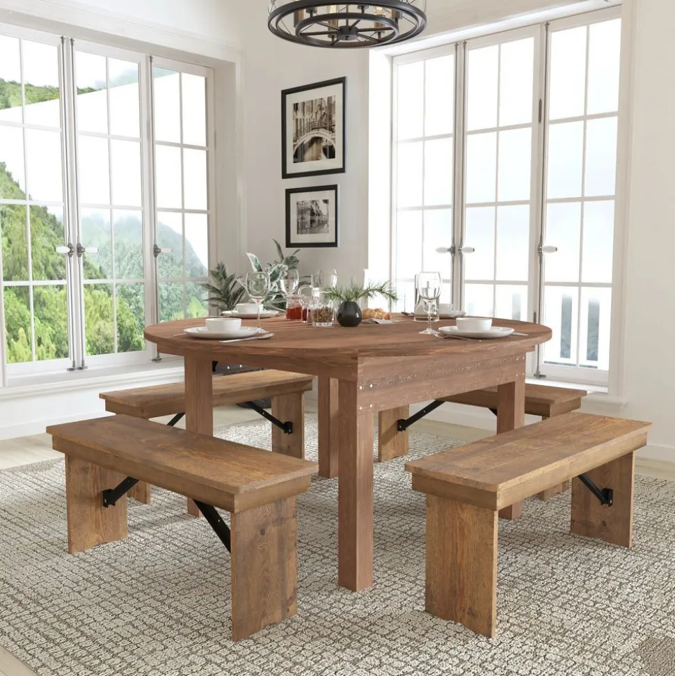 HERCULES Series Round Folding Table | Farm Inspired, Rustic & Antique Pine Folding Table