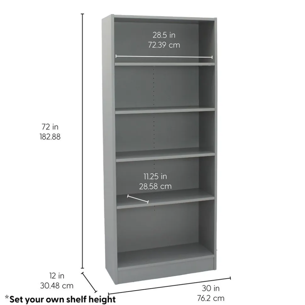 Laminate Bookcase 5-Shelf 72" Height - Gray