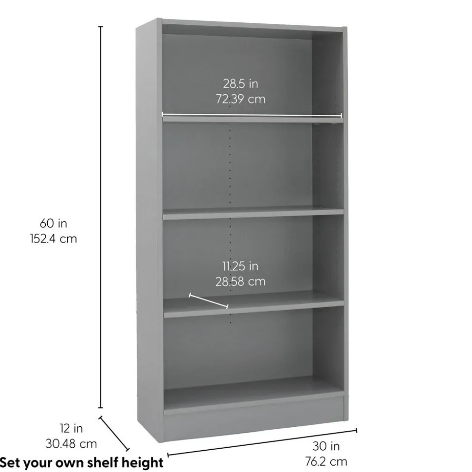 Laminate Bookcase 4-Shelf 60" Height - Gray