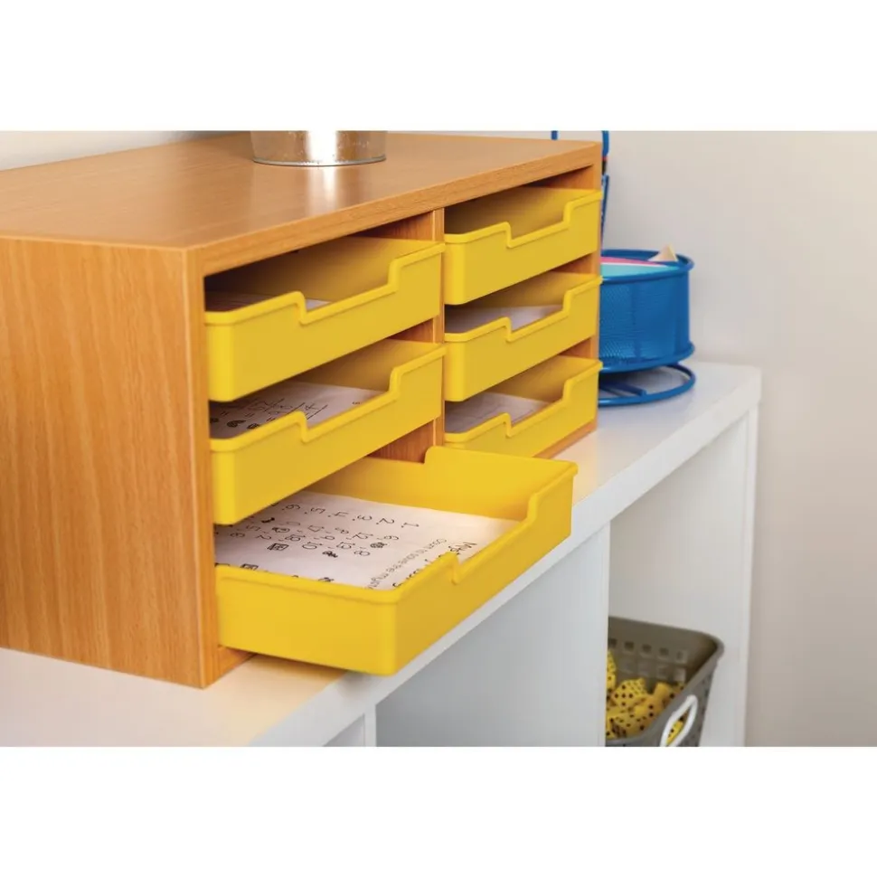 Oak 6-Slot Mail Center With Trays Single Color - 1 mail center, 6 trays, 6 labels