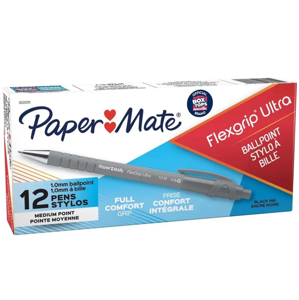 Paper Mate® FlexGrip Ultra Retractable Ballpoint Pens, Medium Point, Black, Box of 12