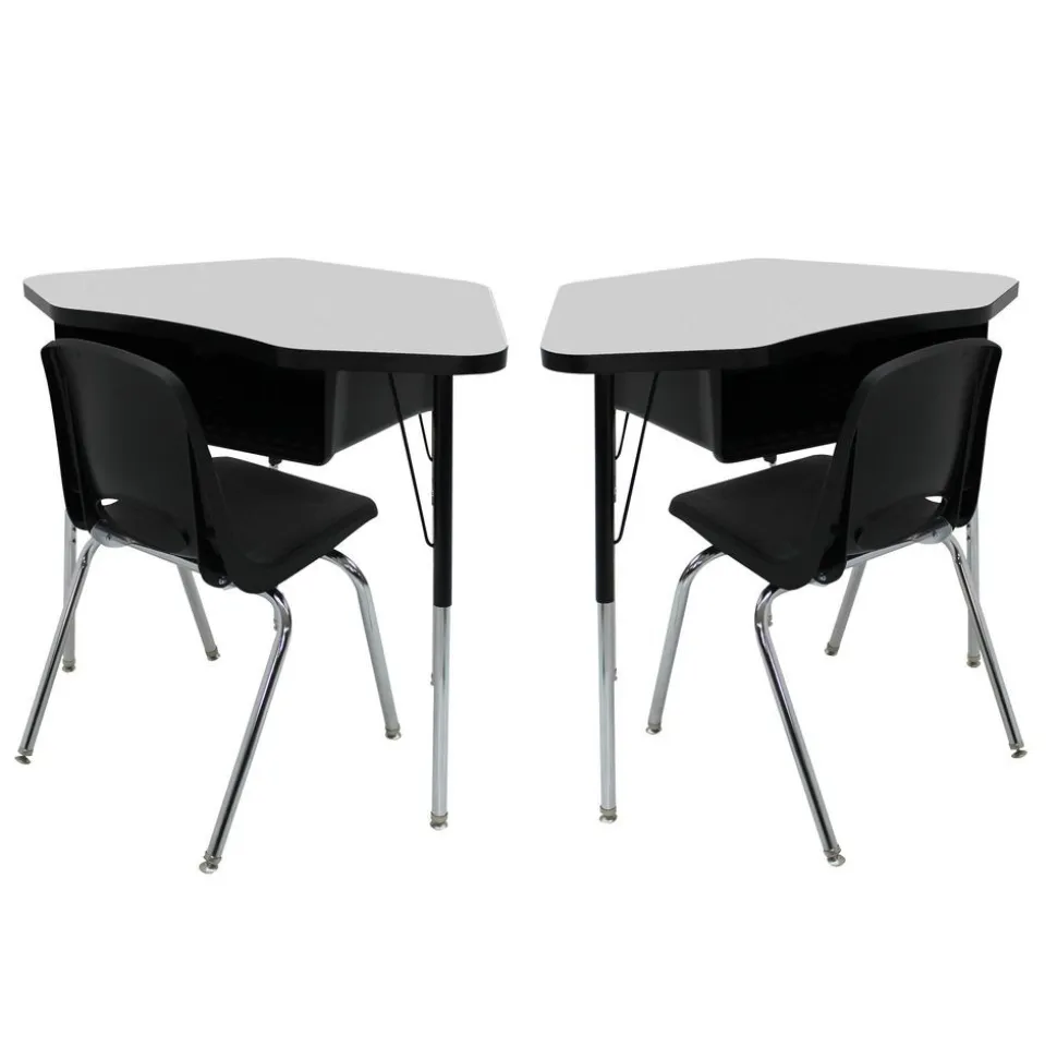 Petal Desk & 12" Stack Chair Set - Gray/Black (2-Pack/4-Piece)