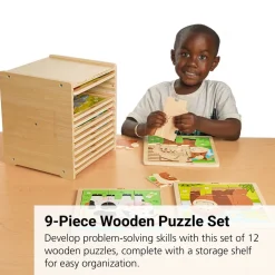 9-Piece Wooden Puzzle - Set of 12 with Storage Shelf
