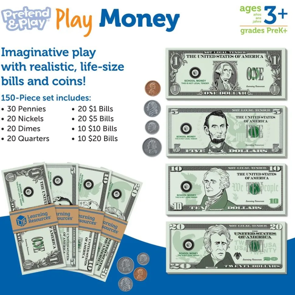 Pretend & Play money and coins - 150 Pcs.