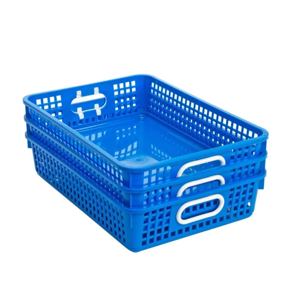 Really Good Stuff® Bamboo Teacher Standing Desk with 3 Blue Baskets