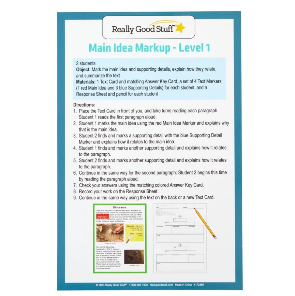 Really Good Stuff® Main Idea Markup Story Cards and Tags - Level 1