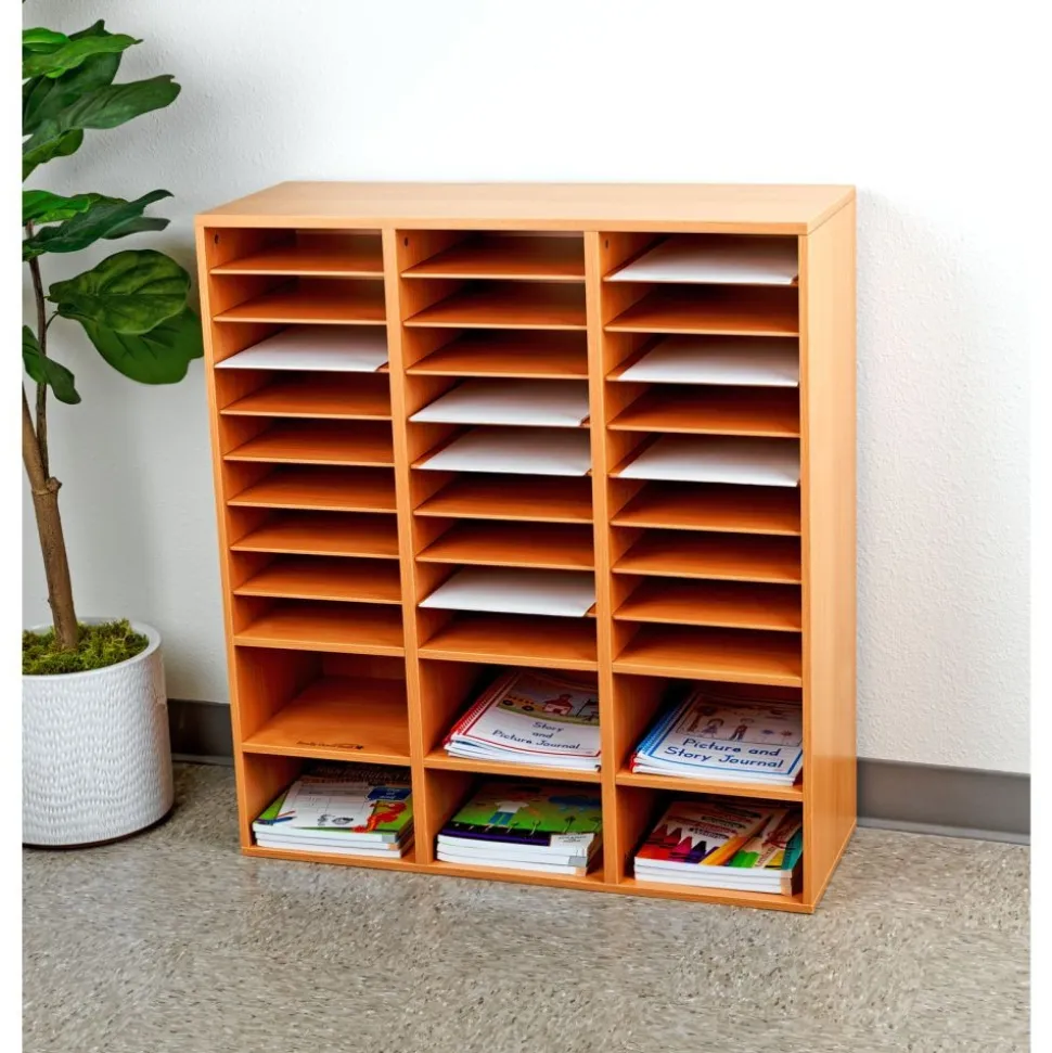 27-Slot Mail & Supplies Center With 6 Cubbies - Oak