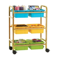Small Bamboo Book Browser Cart with 6 Tubs- Vibrant Cool