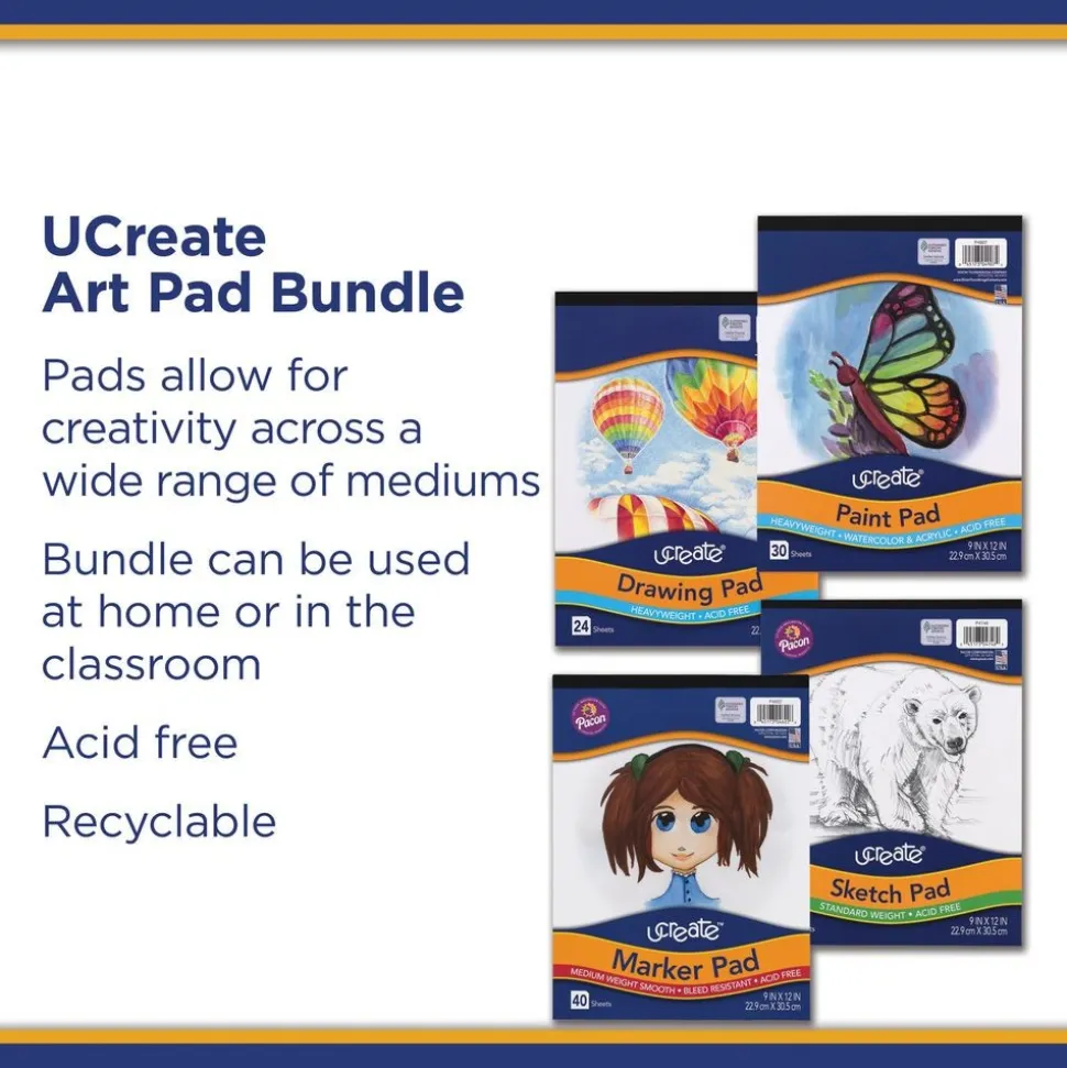 UCreate Art Pad Bundle, 9"x12", 4 pads (Sketch, Drawing, Paint, Marker)