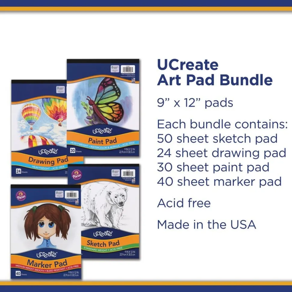 UCreate Art Pad Bundle, 9"x12", 4 pads (Sketch, Drawing, Paint, Marker)