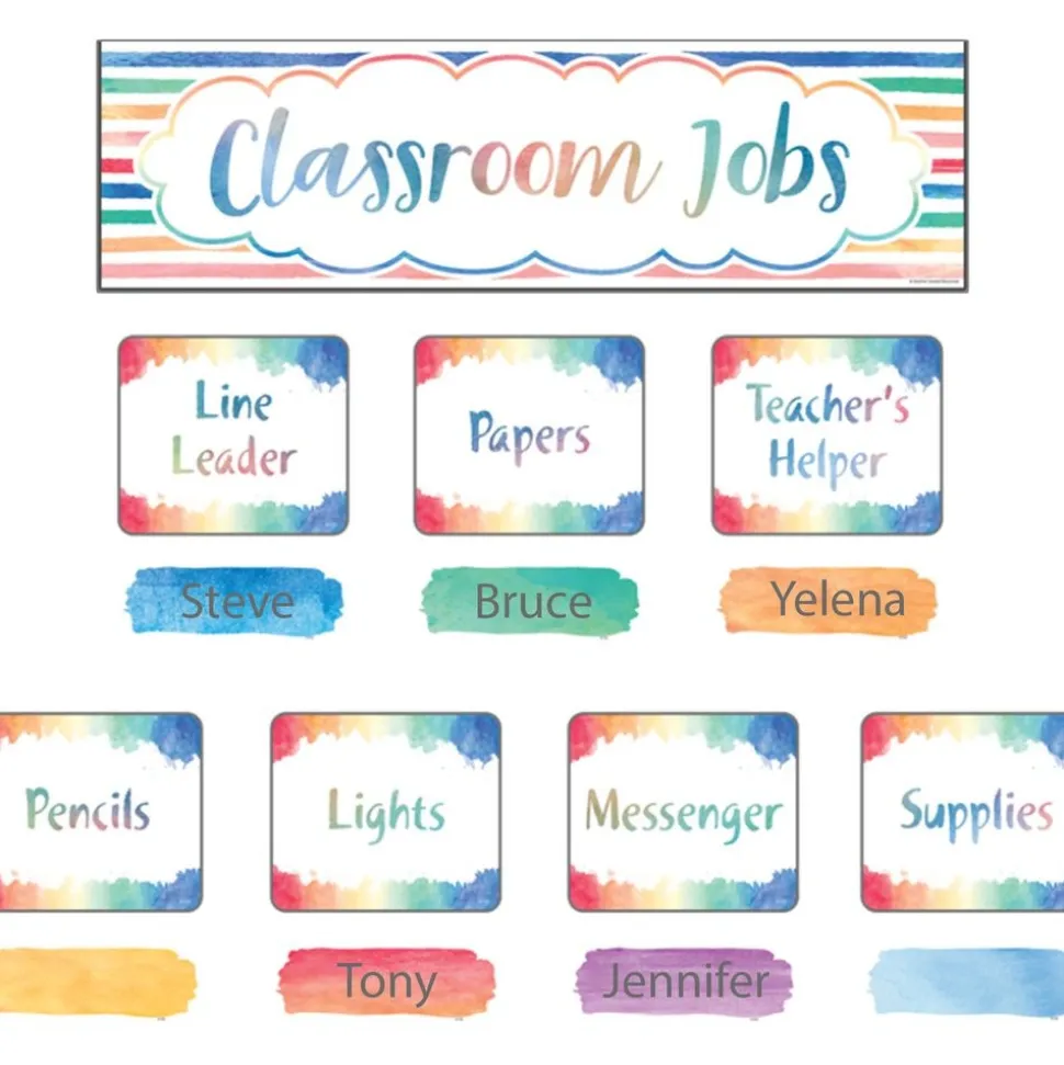 Watercolor Classroom Jobs Bulletin Board Set - 49 pcs