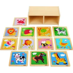 Wooden Mini Flat Puzzle - 12 Piece Set with Storage Shelf