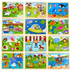 Wooden 16-Piece Puzzle - Set of 12 with Storage Shelf