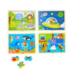 Wooden 16-Piece Puzzle - Set of 12 with Storage Shelf