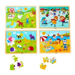 Wooden 24-Piece Puzzle - Set of 12 with Storage Shelf