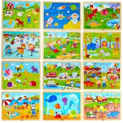 Wooden 24-Piece Puzzle - Set of 12 with Storage Shelf