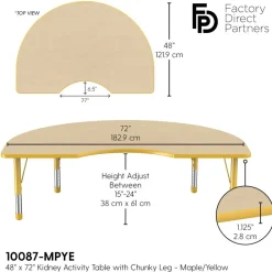 48" x 72" Kidney Activity Table with Adjustable Chunky Legs - Maple/Yellow